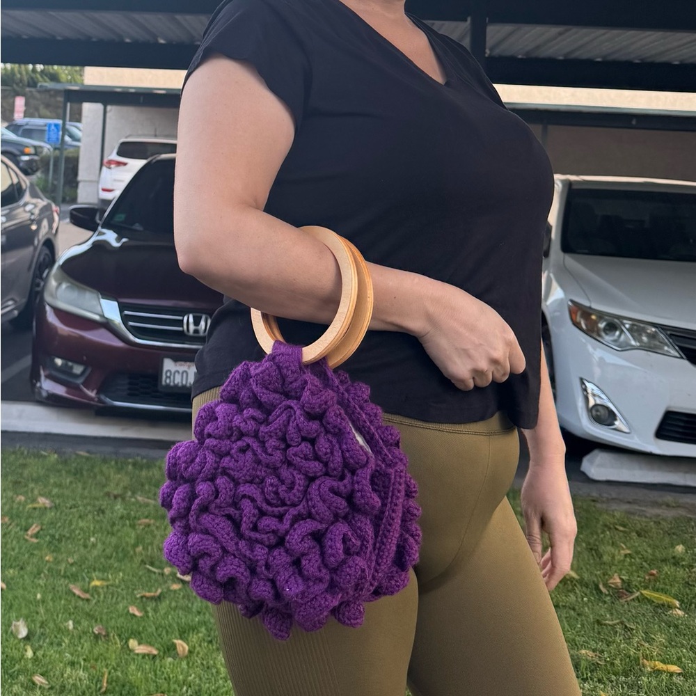 Purple Knit Handbag with Wooden Handles